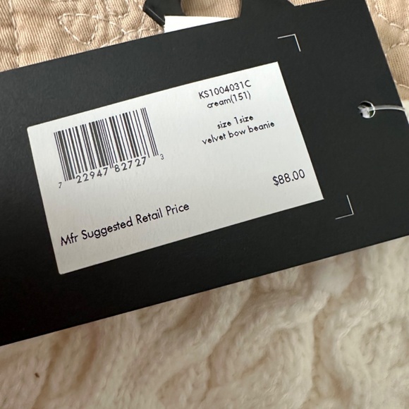 New Kate Spade Cable Knit Velvet Bow Beanie Hat Cream